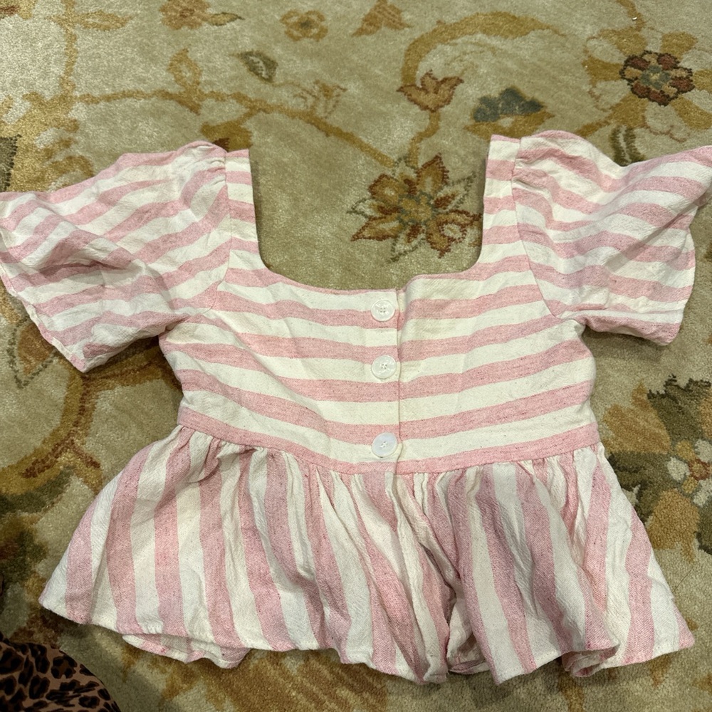 Zara pink and White Striped Puff Sleeve Top